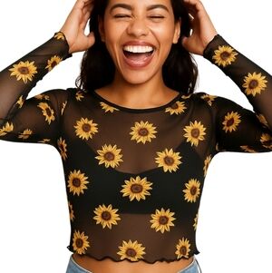 Unbranded Black Sunflower Mesh Long Sleeve Crop Top Lettuce Trim Size XS